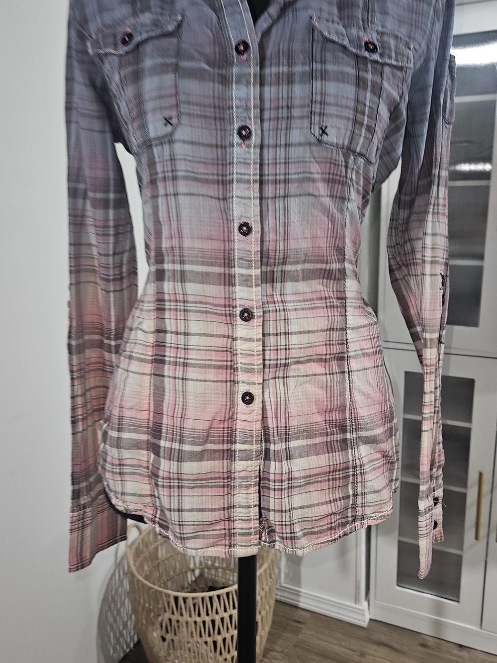 Roar Pink and Gray Plaid Button-Down Shirt